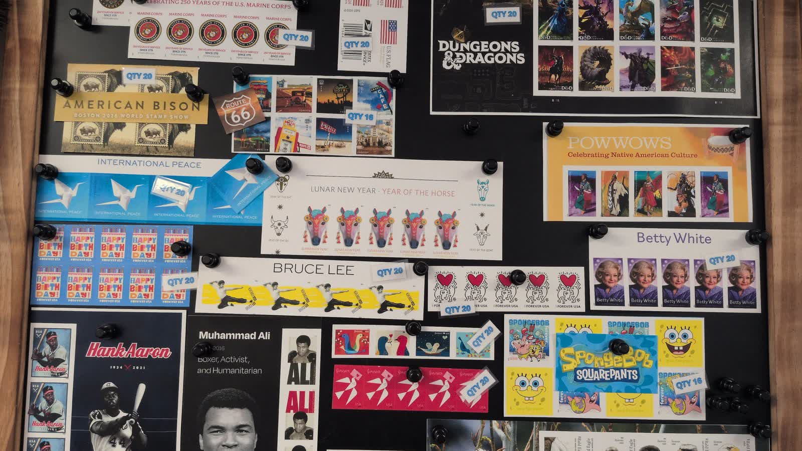 USPS stamps on the shop board
